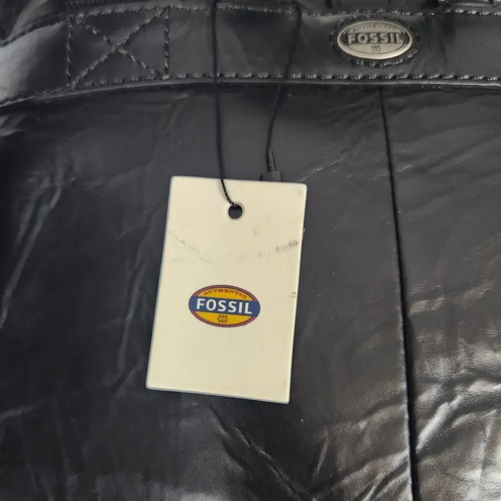 NWT Fossil Rucksack Black Emerson Leather Woven Canvas Straps Tassel Drawstring